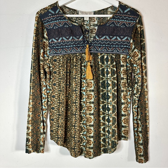 Vintage American Stretch Boho Embroidered Yoke Top M - Picture 5 of 8